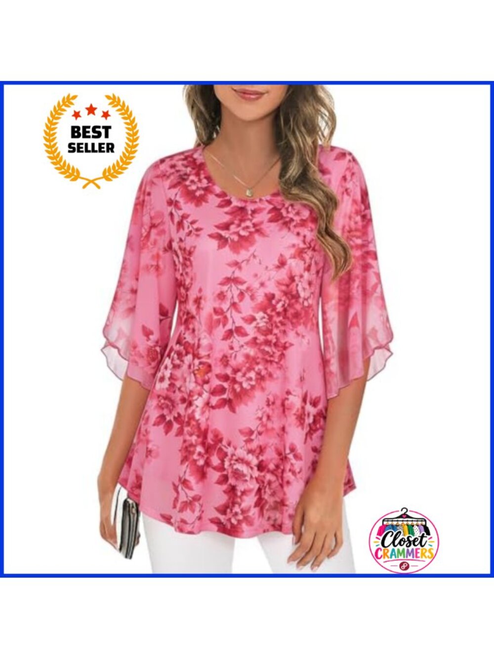 Women's 3/4 Sleeve Mesh Tunic Blouse Sheer Sleeveless Tank Layered Top